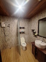 Ducha, secador de pelo, pantuflas, toallas