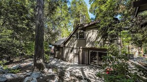 Une cabane avec des fondations en pierre, de grandes fenêtres et un toit en pente, entourée d’une forêt dense.