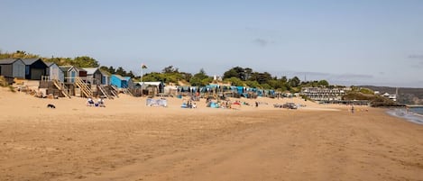 Una playa con cabañas de playa y un muelle.