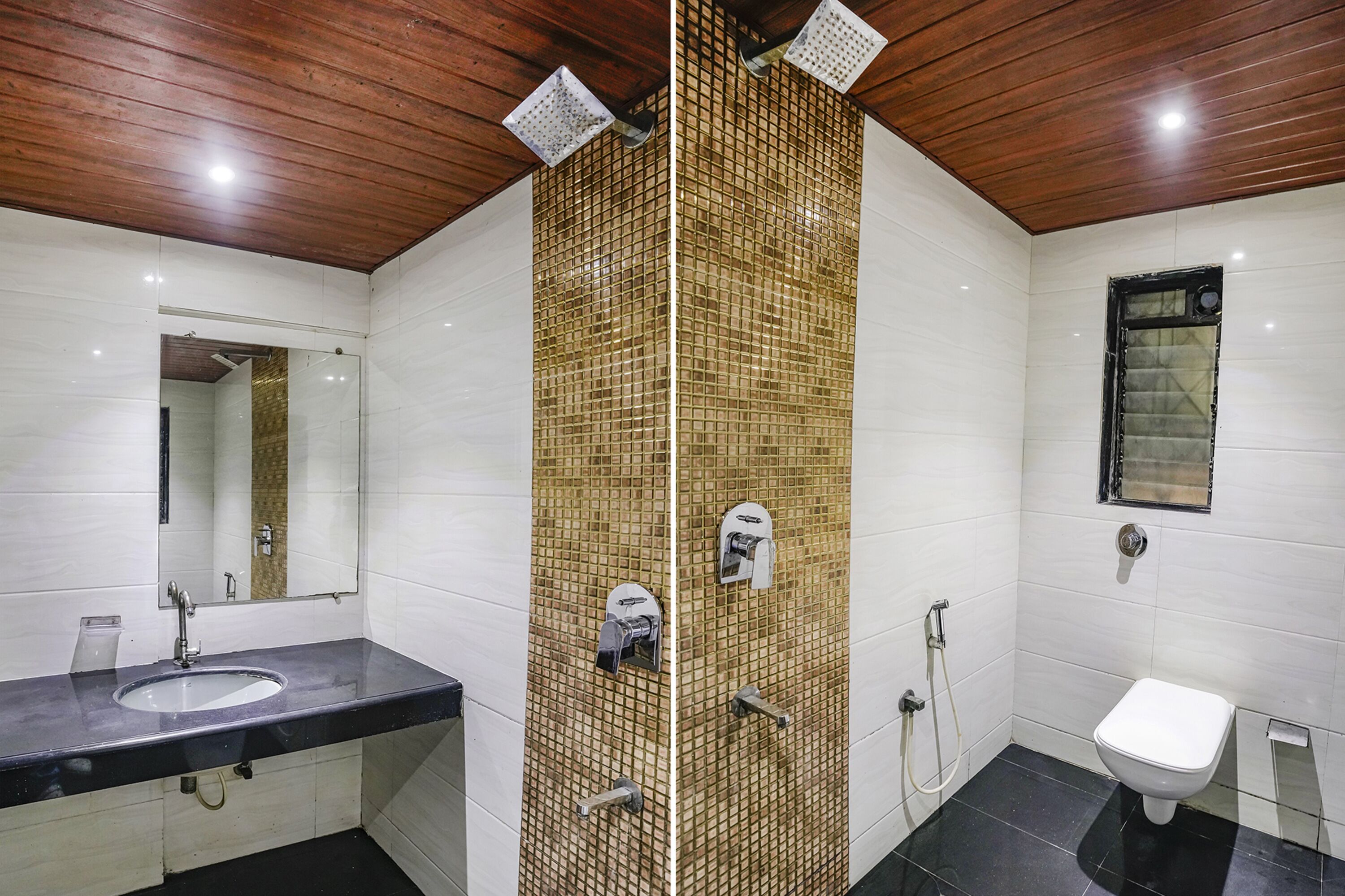 Ein Badezimmer mit Waschbecken, Spiegel, Dusche und Toilette.