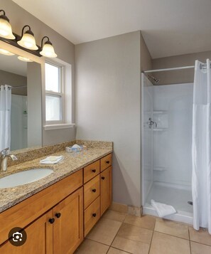 Hair dryer, towels, soap, shampoo