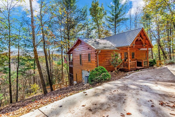 A wooden cabin with a porch, surrounded by trees and a clear sky. - Mountain Views, Dog friendly, Fenced Yard, Barrel Sauna, Hot Tub, Fire Pit
(Ellijay)