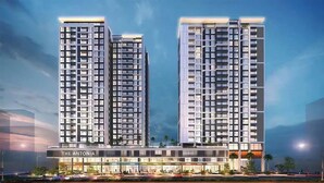 A modern high-rise building with multiple balconies and a ground-level commercial area with various shops. - The Antonia Apartments - Korea Town D7 (Ho Chi Minh City)