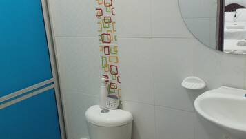 A bathroom with a toilet, a sink, and a mirror.