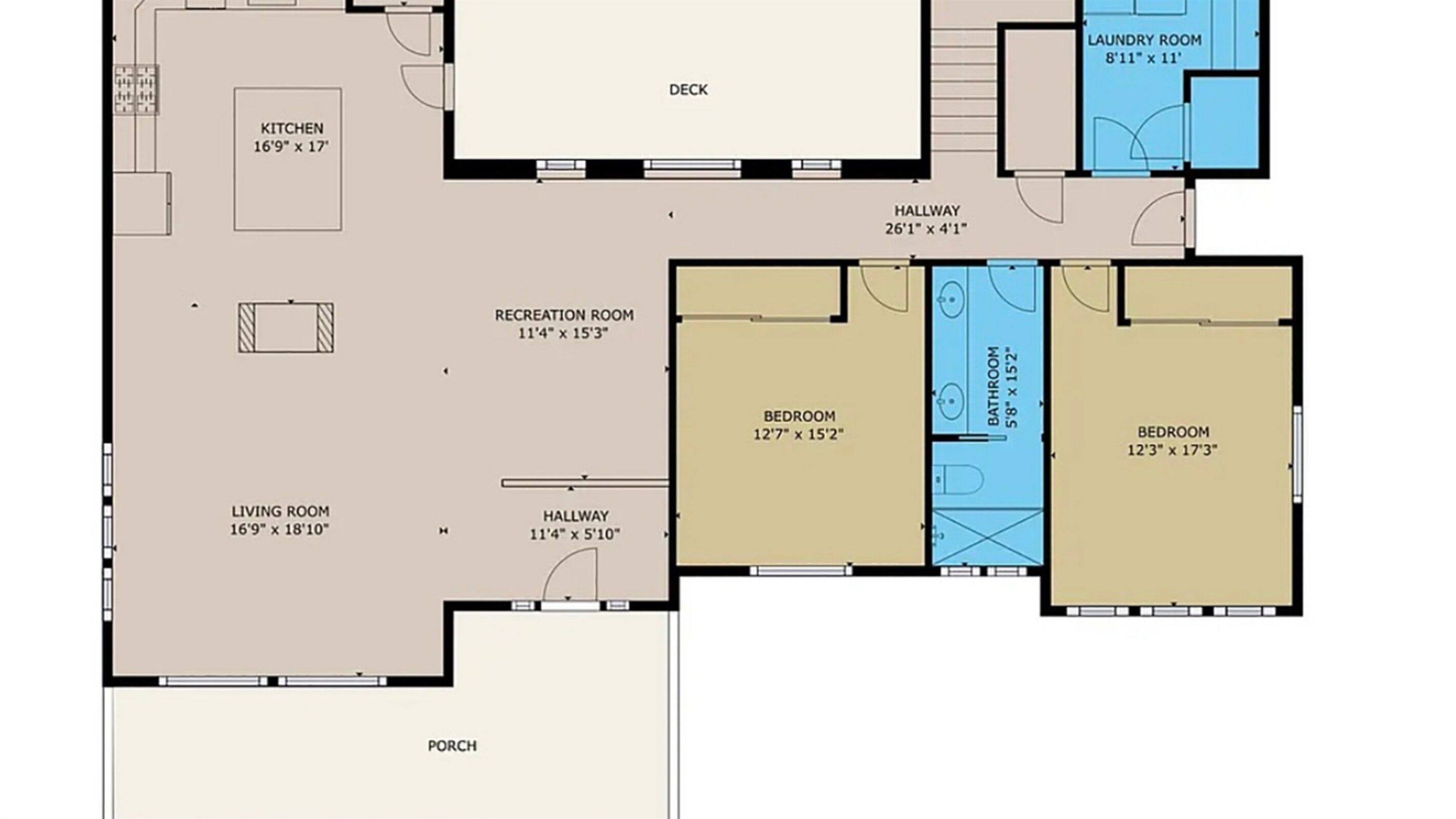 Plano de planta que muestra una cocina, sala de estar, sala de juegos, dos dormitorios, un baño, un porche y una terraza.