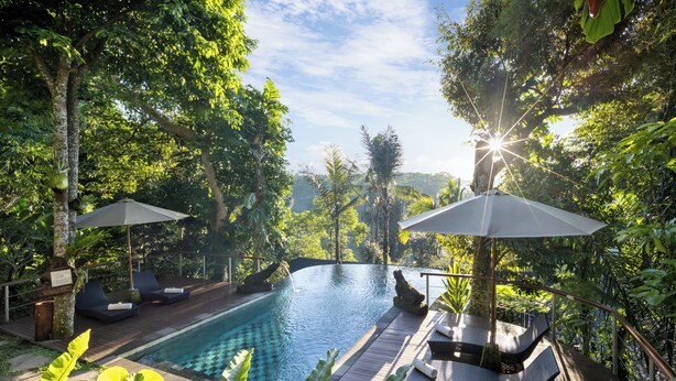 A serene outdoor pool area with lounge chairs and umbrellas, surrounded by lush greenery. - Sacred Valley by GenuineHost (Sebatu)