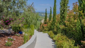 A pathway flanked by various plants and trees, leading towards a distant view of hills. - Beautiful villa with pool, SPA and panoramic sea views, just 10 minutes from the beaches of Pineto (Atri)