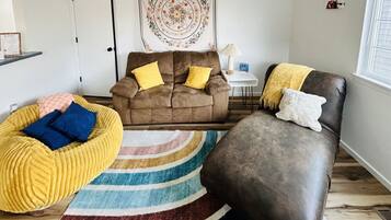 Smart TV, fireplace, books