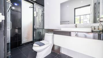 Secador de cabelo, toalhas de banho, sabonete, shampoo