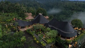A resort with thatched-roof buildings surrounded by lush greenery and a forested backdrop.