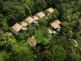 Vista aérea de un complejo turístico con villas de techo de paja rodeadas de densa vegetación tropical.