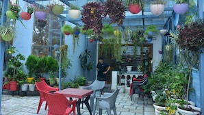 Conservatório com vasos suspensos e plantas em cachepot, incluindo uma mesa e cadeiras.