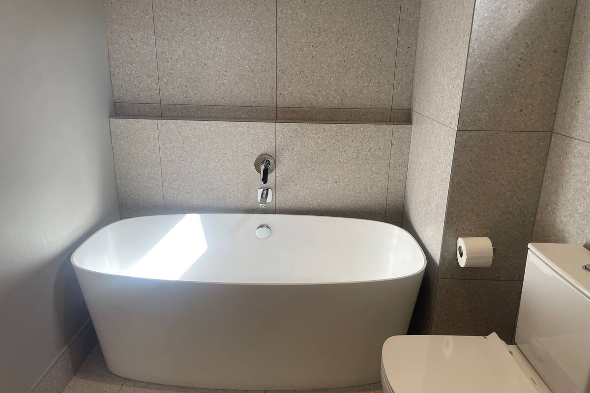 Une salle de bain moderne avec une baignoire sur pieds, des toilettes et un porte-serviettes.