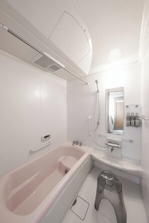 Separate tub and shower, free toiletries, hair dryer, slippers