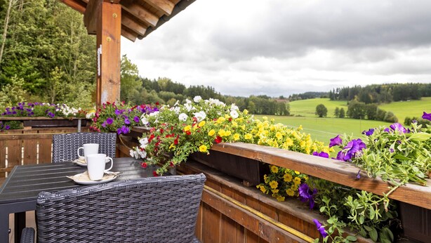 Eine Holzterrasse mit Korbstühlen und einem Tisch, mit Blick auf eine üppige, grüne Landschaft, deren Holzwand mit Blumen geschmückt ist.