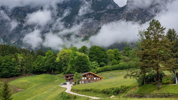 Un chalet de montagne à l’extérieur en bois, entouré d’une végétation luxuriante et accessible par un sentier sinueux menant à l’entrée.