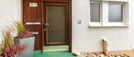 Una puerta con marco de madera y un panel de vidrio, una ventana con marcos blancos y un felpudo verde en la entrada.