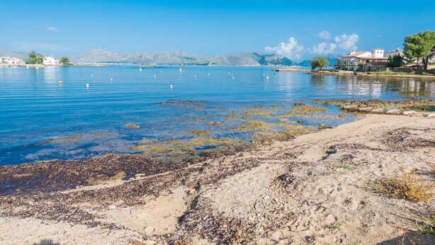 Vista costeira com águas azul-claras, areal arenoso e montanhas ao longe.