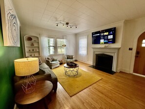 Smart TV, fireplace, video library