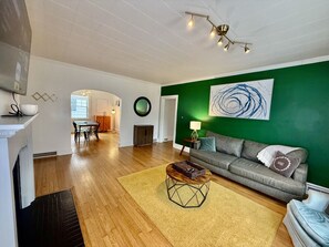 Smart TV, fireplace, video library