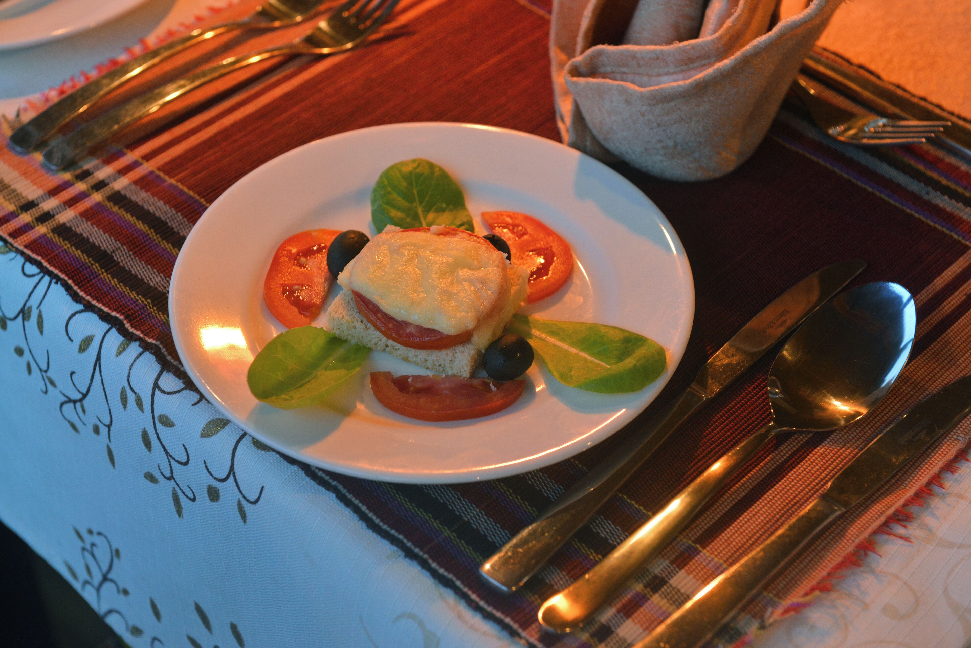 A plate with a sandwich, tomatoes, and olives on a table with a placemat.