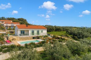 A modern villa with a swimming pool, surrounded by olive trees and a clear blue sky. - Villa Olivia with Sauna (Piran)