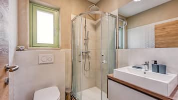 A modern bathroom with a glass shower enclosure, a toilet, and a sink with a wooden countertop.