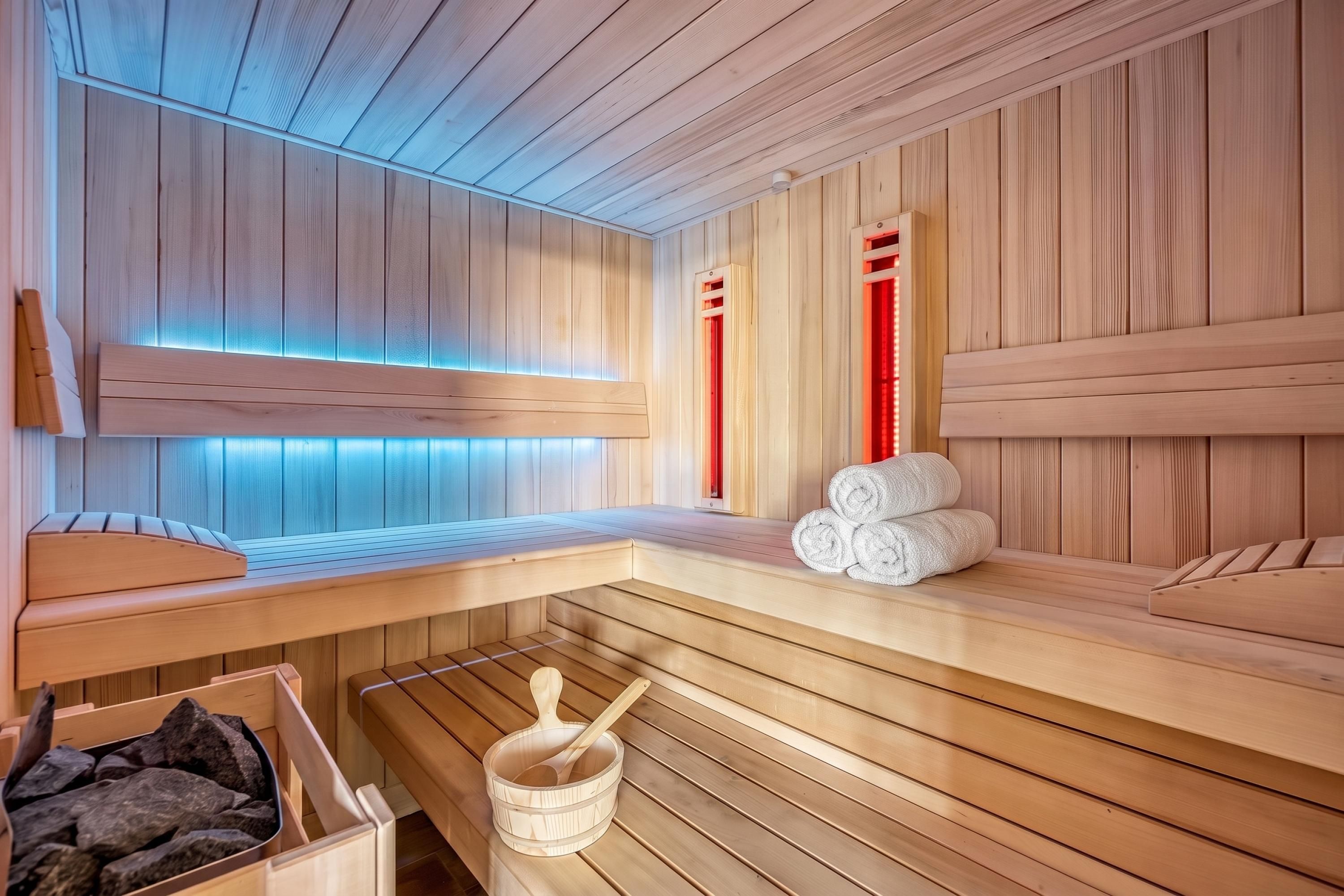 A sauna with wooden benches, a bench with a towel, and a wooden container with a ladle.