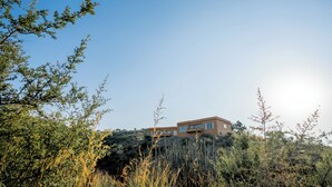 A modern two-story building with a flat roof and large windows, surrounded by dense shrubbery and trees. - YAAN Estates (Khamnor)