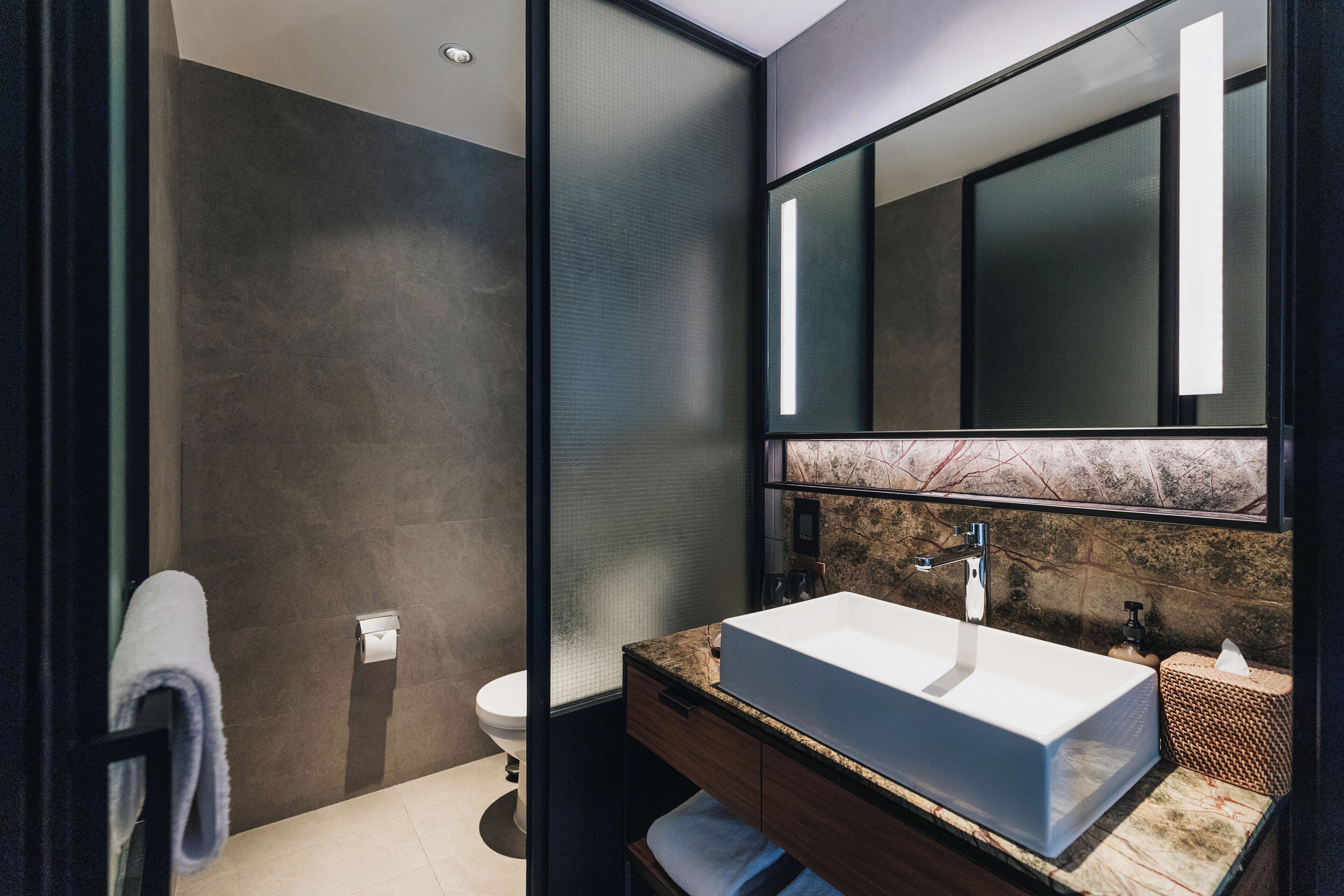 A modern bathroom with a large mirror, a white sink, and a toilet.