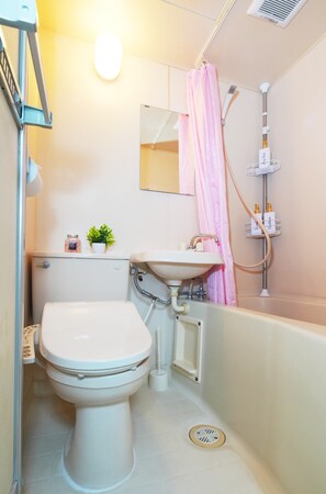 Hair dryer, bidet, towels, soap
