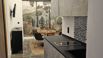Apartamento familiar | Cocina privada | Frigorífico pequeño, placa de cocina y utensilios de cocina
