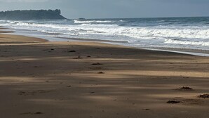 Una playa con arena, olas rompiendo en la orilla y una masa de tierra distante con árboles.