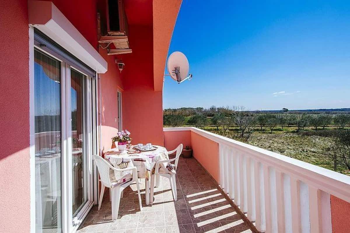 A balcony with a table and chairs, a satellite dish, and a view of a vineyard.