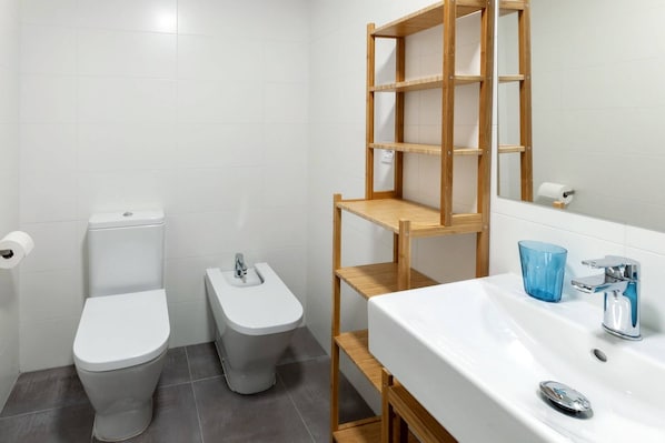 Une salle de bain moderne équipée de toilettes, d’un bidet et d’un lavabo avec un miroir.