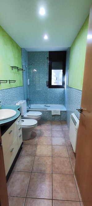 Hair dryer, bidet, towels, soap