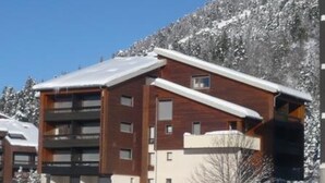 A multi-story building with a sloped roof, likely a hotel or resort, surrounded by snow-covered trees and a mountainous backdrop.