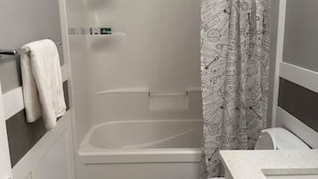 Hair dryer, towels, soap, toilet paper