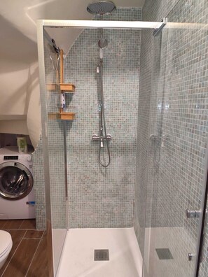 Enjoy a refreshing shower experience with a handheld and rain showerhead, plus convenient laundry facilities.