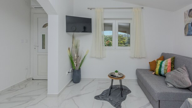 A modern living room with a grey sofa, a small side table, a potted plant, and a flat-screen TV mounted on the wall. - Apartment Zilic (Vir)