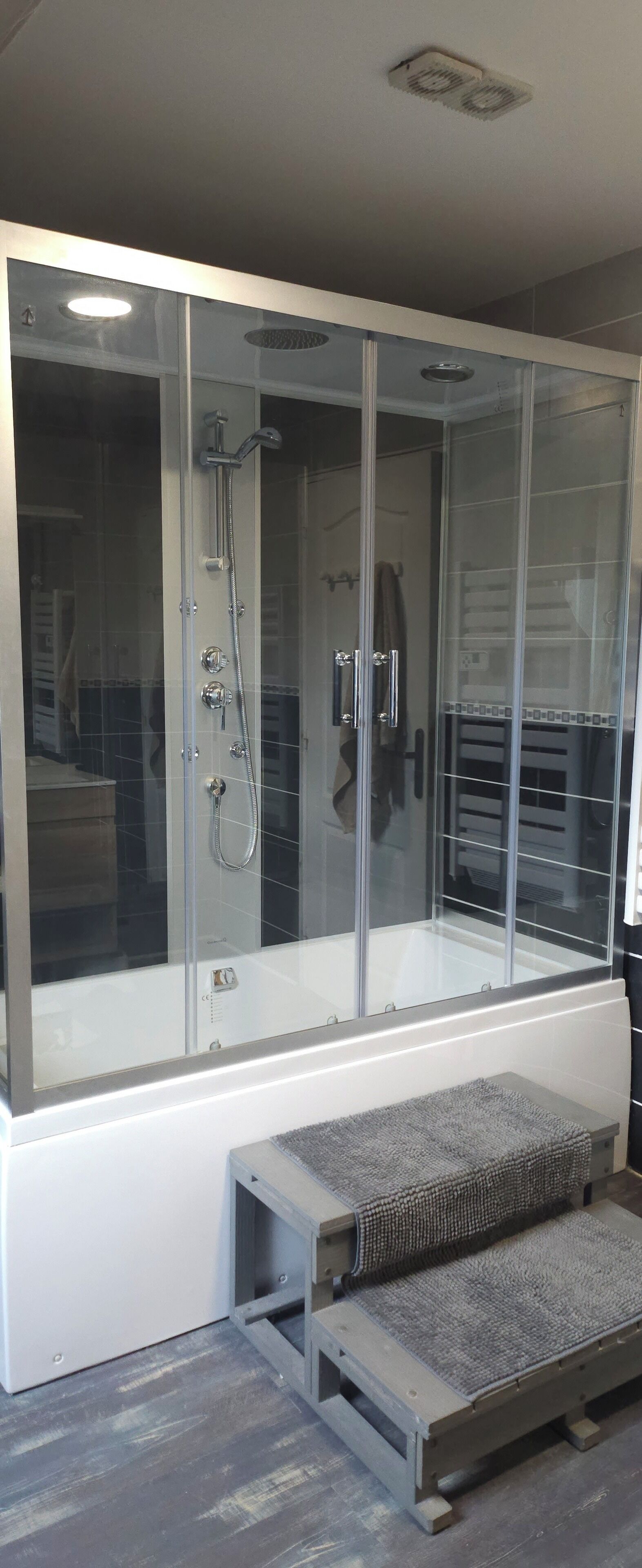 Shower, hair dryer, towels, toilet paper