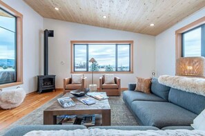 TV connectée, cheminée, livres, chaîne hi-fi