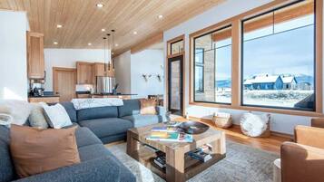 Smart TV, chimenea, libros y estéreo