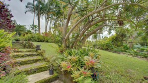 Ein Garten mit Steinstufen, die zu einer Rasenfläche führen, umgeben von verschiedenen tropischen Pflanzen und Bäumen.