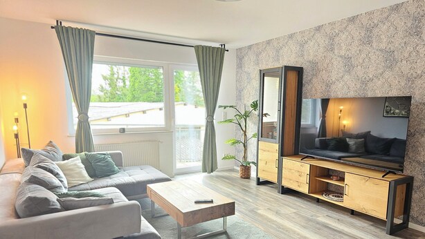 A modern living room with a sofa, coffee table, TV, and a plant. - Apartment on the edge of the Palatinate Forest. TLA/TDY (Ramstein-Miesenbach)