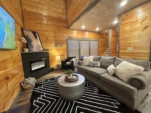 TV, fireplace, DVD player, offices - Sunset-View Deck, Modern Smoky Mtn Cabin, Hot Tub, Game Room w new 85" TV (Sevierville)