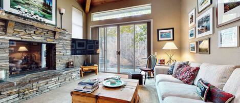 Smart TV, fireplace, DVD player, books