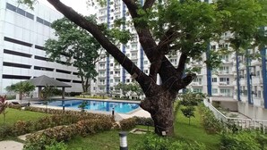 Un immeuble résidentiel doté d’une piscine, entouré de verdure et d’un grand arbre.