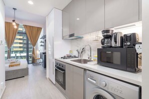 Fridge, microwave, stovetop, toaster