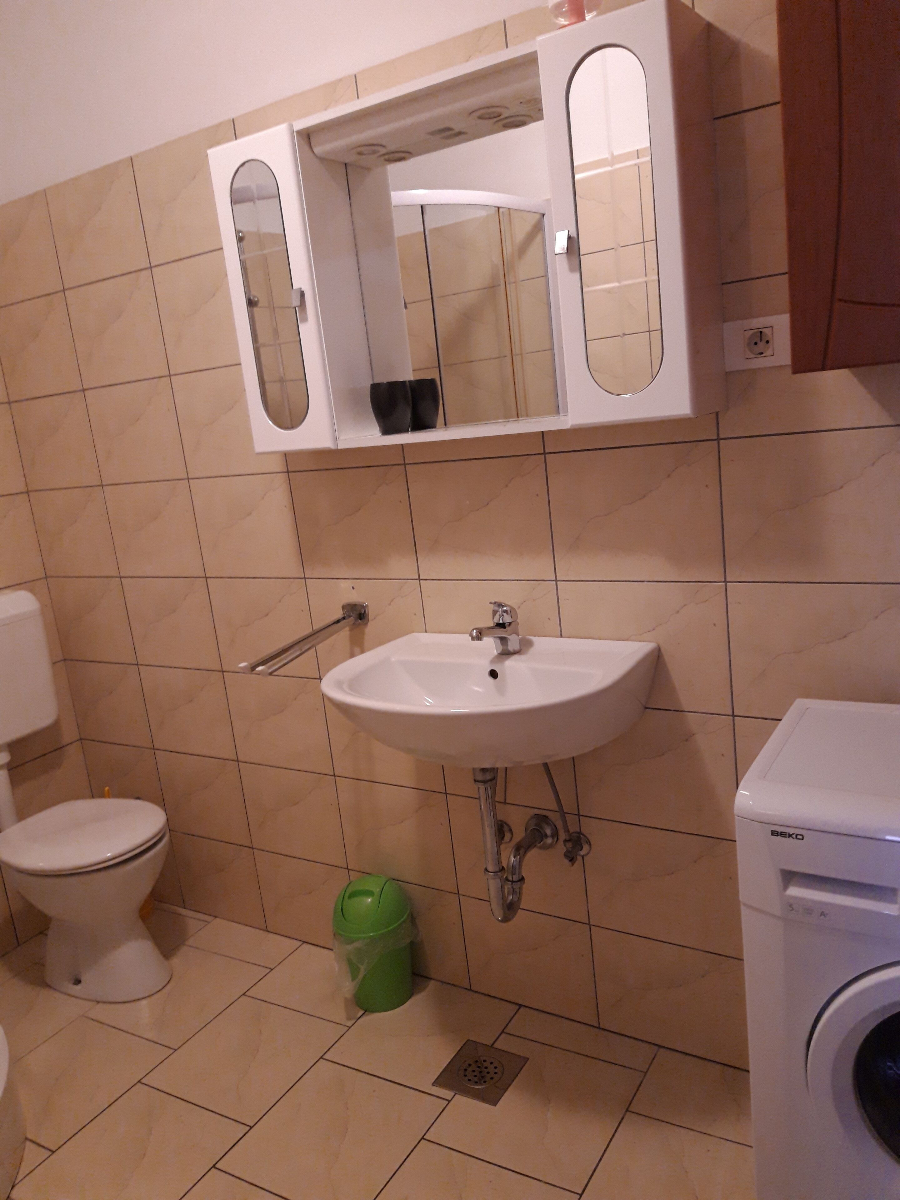A bathroom with a white sink, a toilet, and a washing machine.